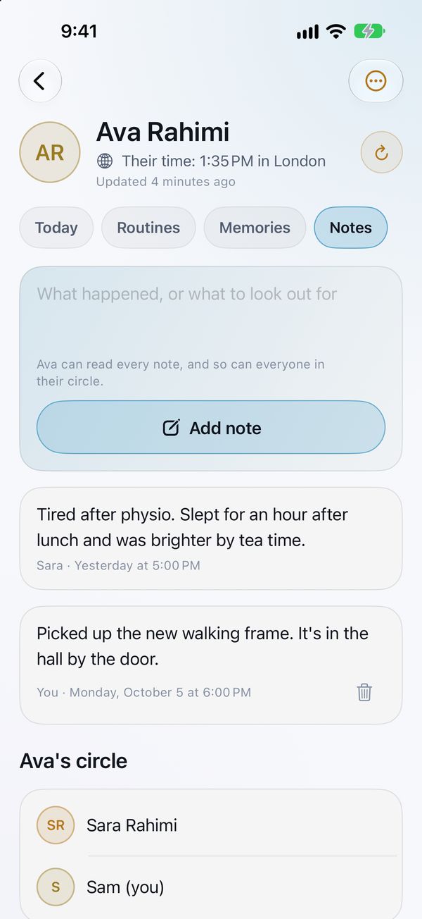 Notes for the circle, which the person and everyone in their circle can read.