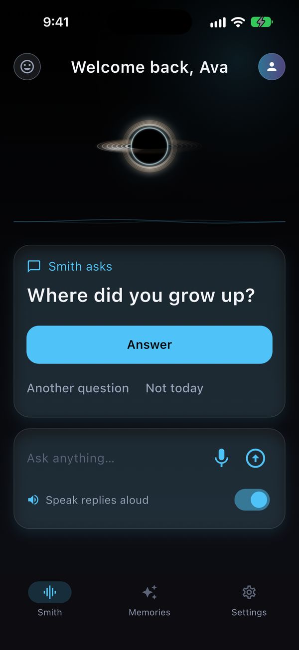 Smith's screen in Shaterian, with today's question, Where did you grow up?, and the box to talk or type in. Shown with demo data.