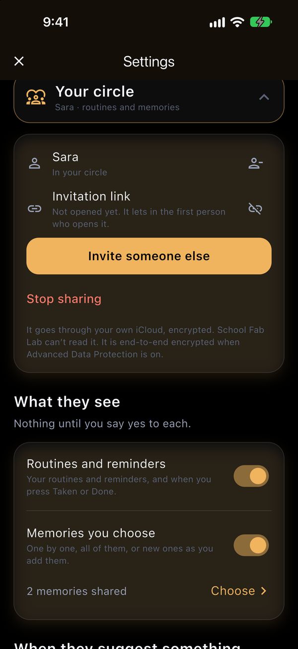 Your circle in Shaterian's Settings, with Sara in the circle, and What they see: Routines and reminders, and Memories you choose, each switched on. Shown with demo data.